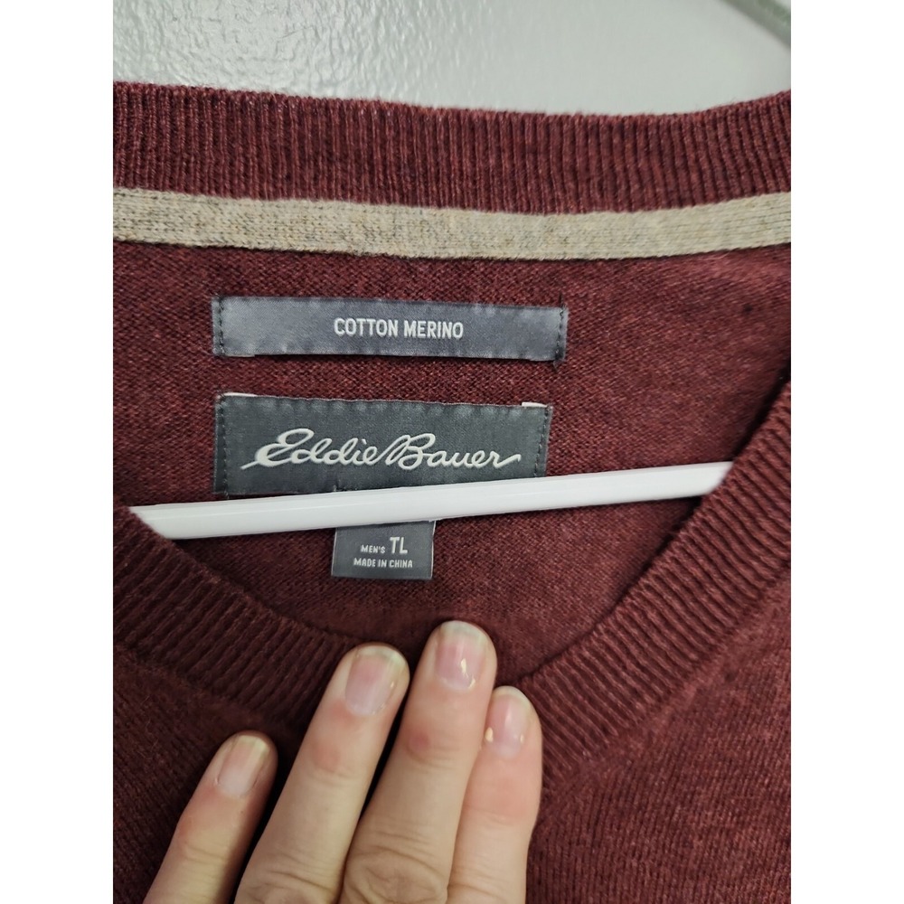 Eddie Bauer Mens V- Neck Burgundy Cotton Merino Sweater size Tall Large EUC - Picture 2 of 8